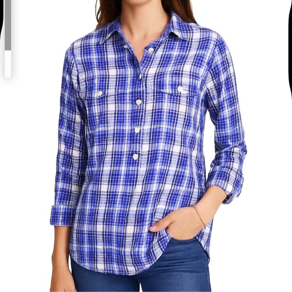 Madewell Plaid Popover Half Button Down Shirt Blue White Size M